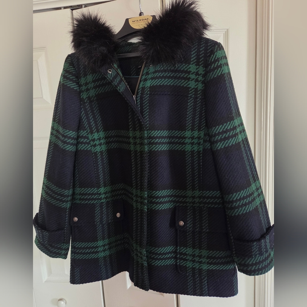 Talbots Green and Black Plaid Pea Coat with Faux Fur Collar